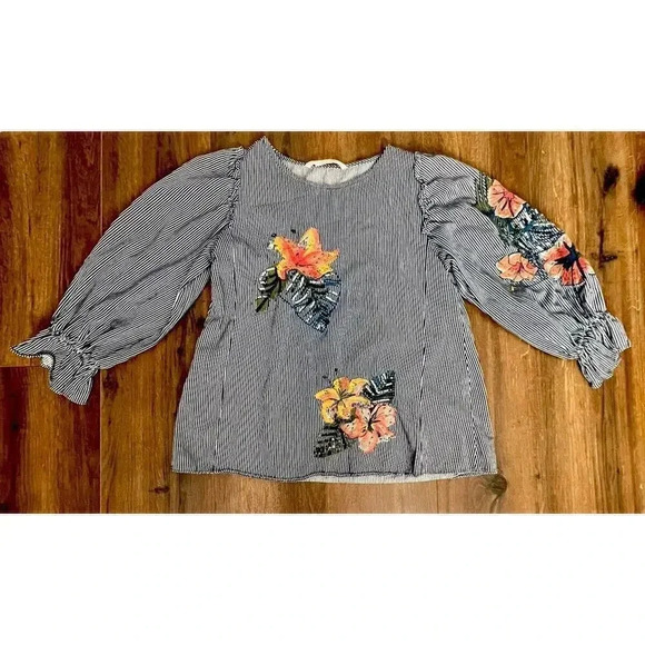 Women's Xs Zara Striped‎ Embroidered 3/4 Sleeve Boho Blouse - Picture 1 of 9